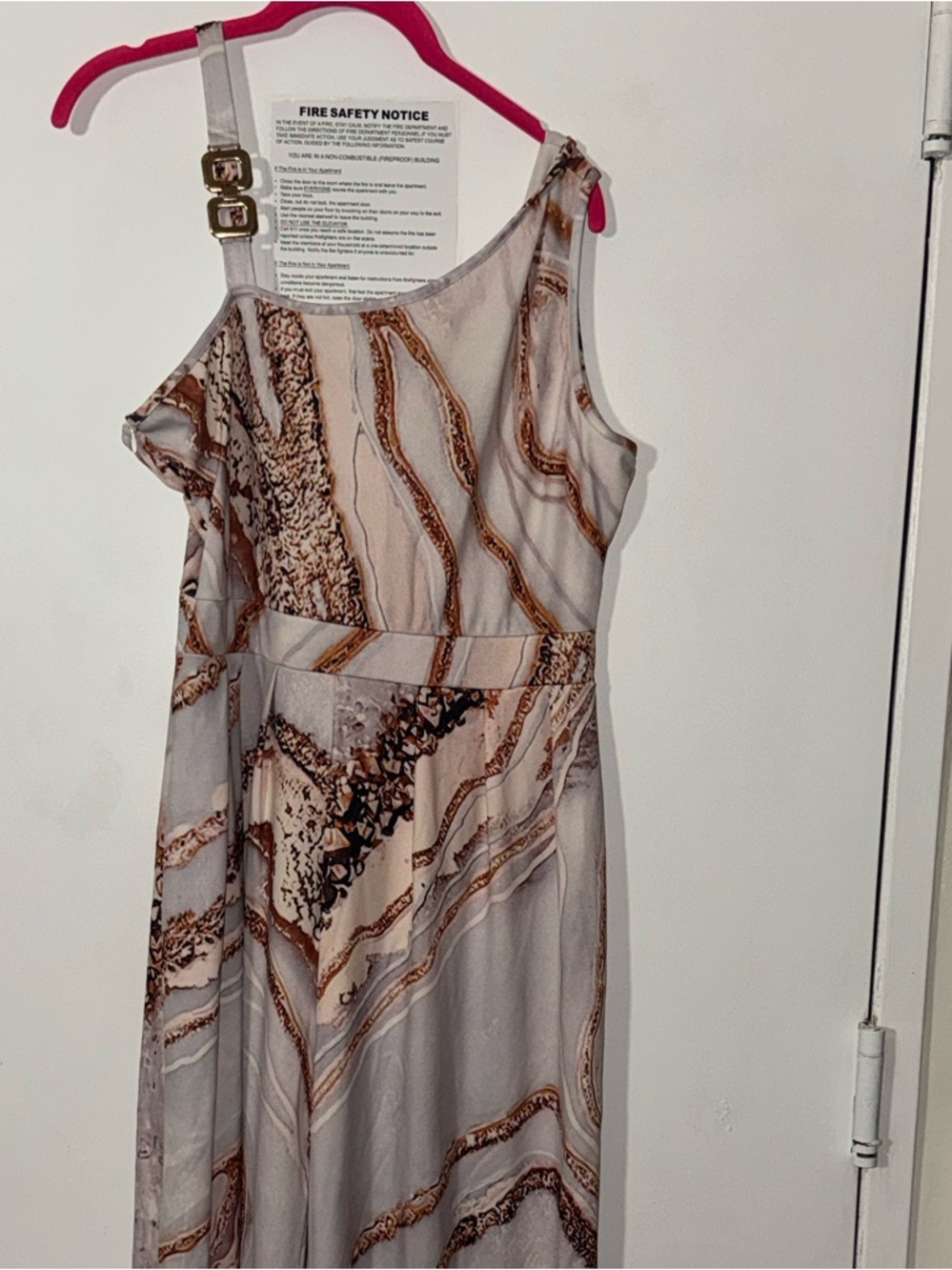 One-Shoulder Marble-Print Maxi Dress in Beige and Brown Tones
